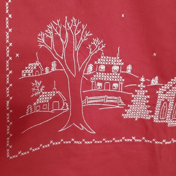 Vintage Cross Stitch Tablecloth Church Village Scene Christmas Trees Red White - Picture 4 of 4